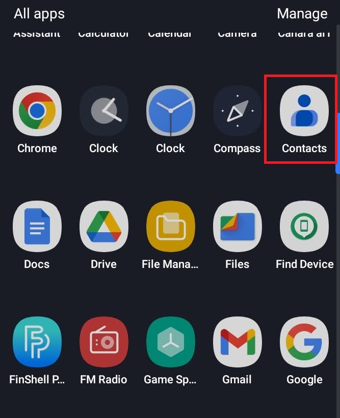 cantacts app in all app menu