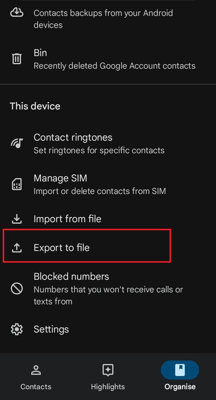 export from file option in list