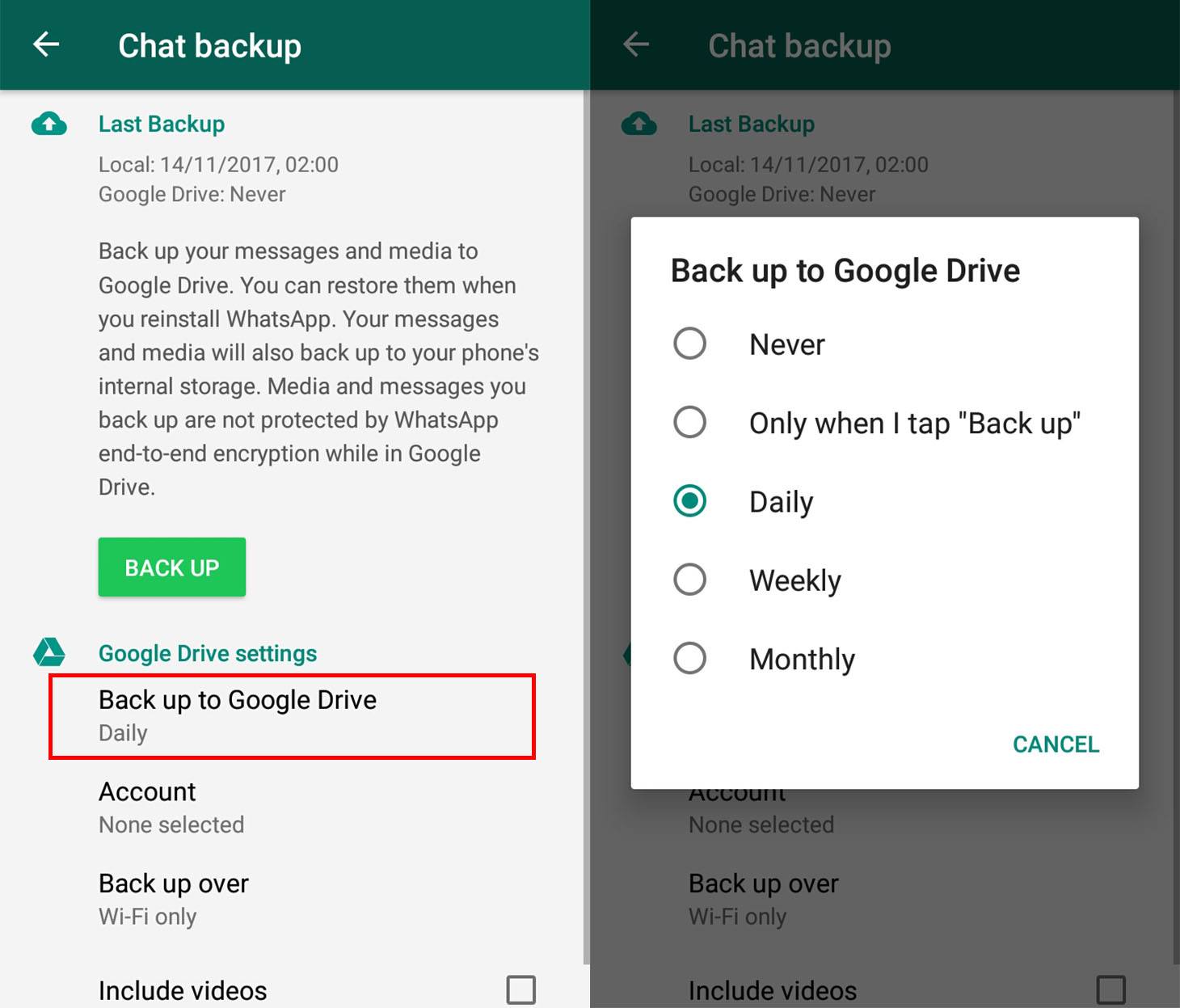 backup up to google drive to retrieve blocked whatsapp messages