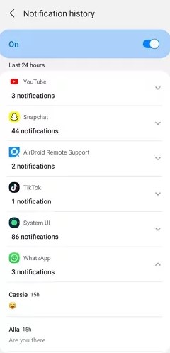 find whatsapp business app on the list of apps under notification history