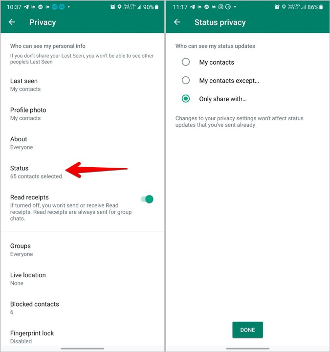 configuración de privacidad del estado de whatsapp