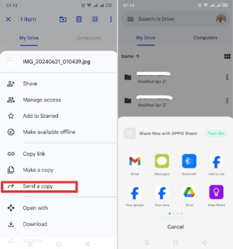 share a photo on google drive via send a copy feature