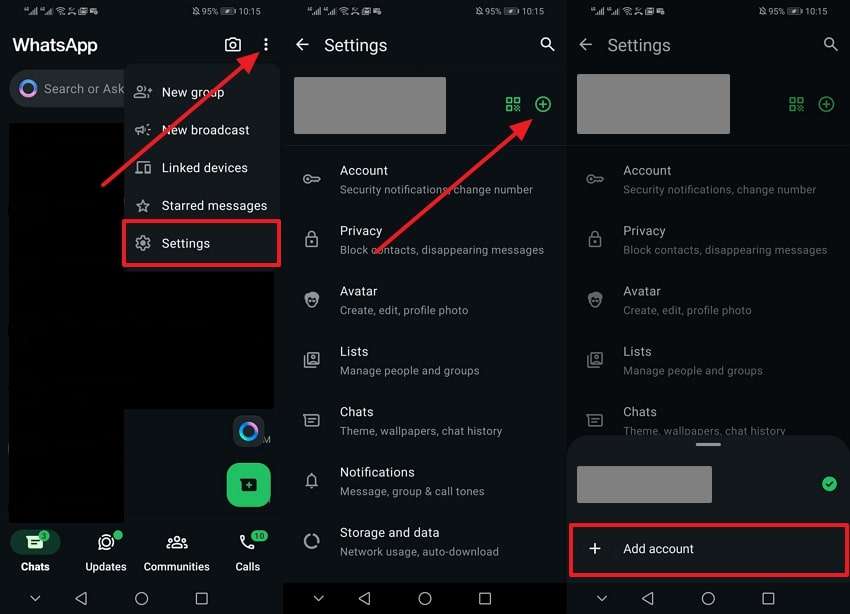 use add account in whatsapp settings 