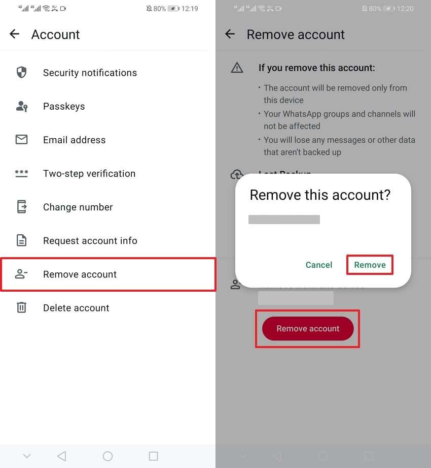 choose to remove account  