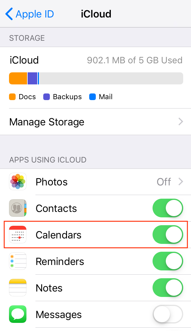 enable calendar sync in icloud 