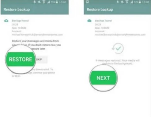 toque em restaurar para acessar seu histórico de destino do whatsapp em seu google drive