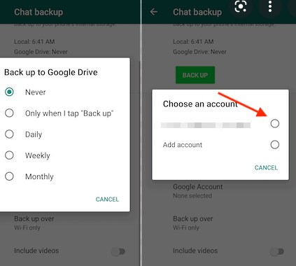 add your google account in which to backup the data of target whatsapp