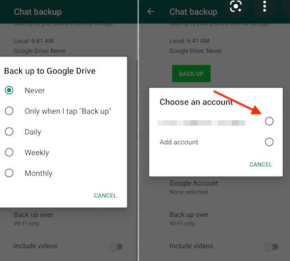 añade tu cuenta de google en la que hacer la copia de seguridad de los datos de whatsapp de destino