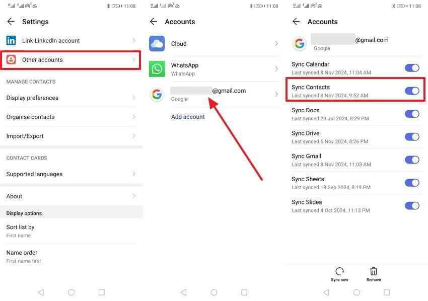 choose gmail and toggle sync contacts 