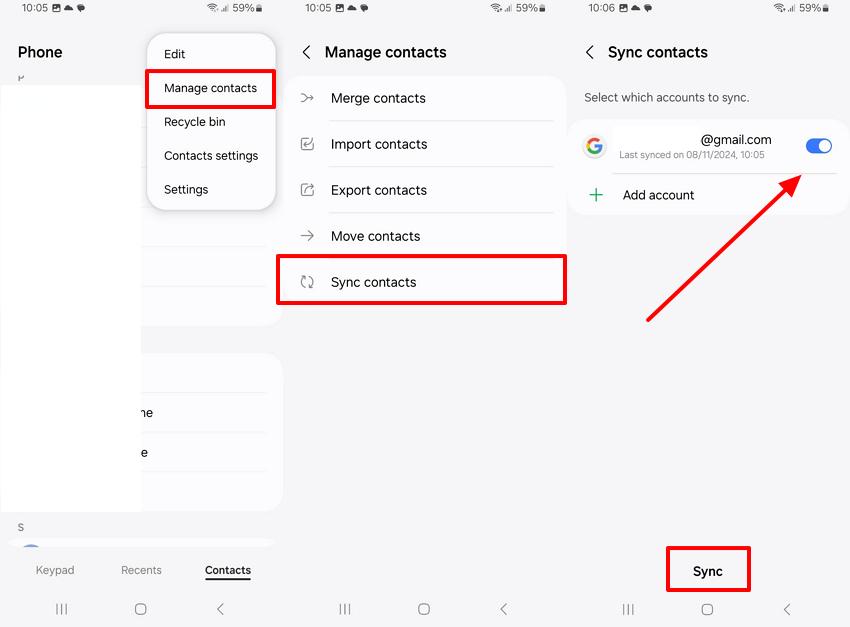 sync contacts and toggle gmail 