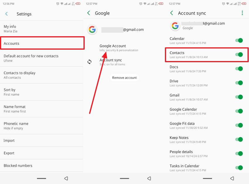 choose google account and toggle contacts 