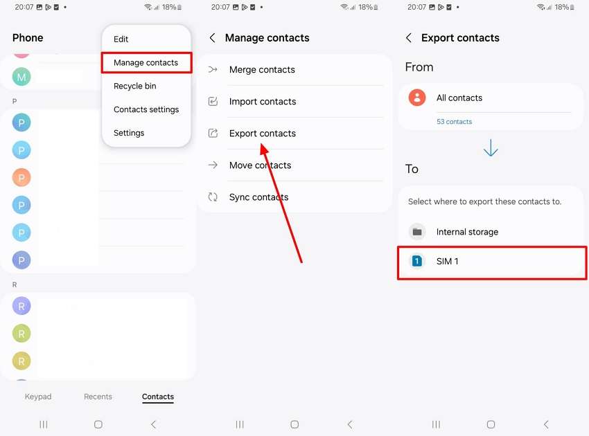 export contacts to sim 