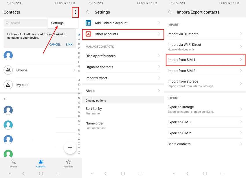 access settings and import from sim