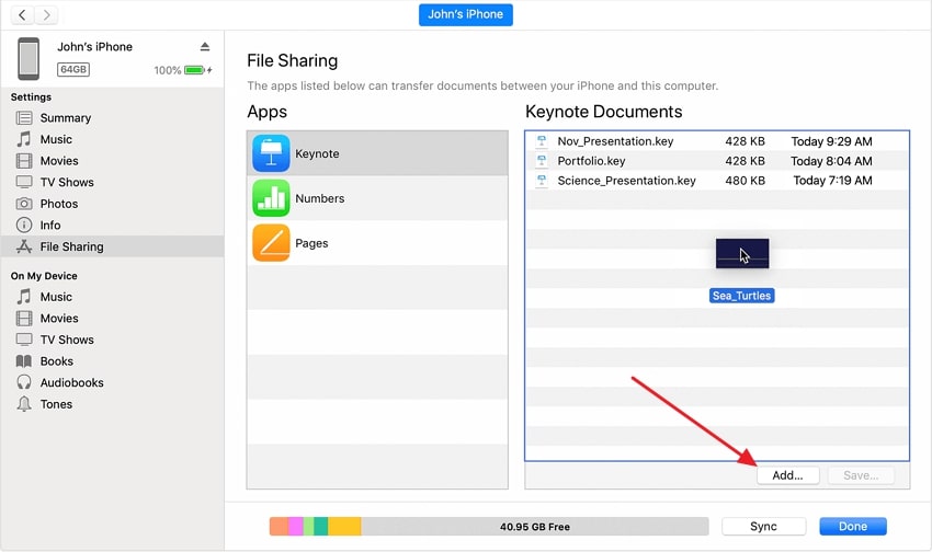 sync data to iphone internal storage