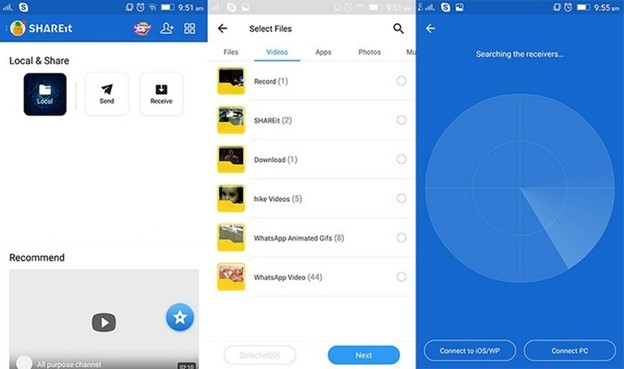 select files to transfer to android via the shareit app