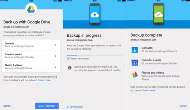 backup files to google drive then transfer them to android
