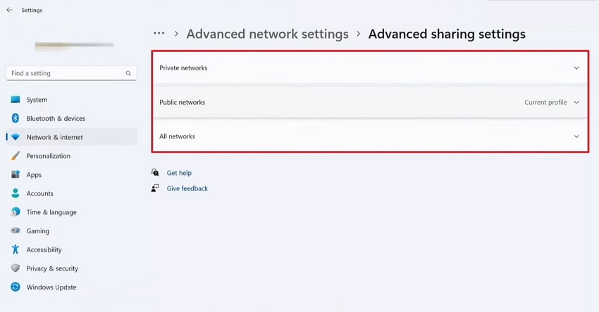 adjust advanced sharing settings 