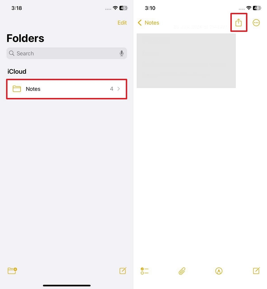 locate the share icon in notes 