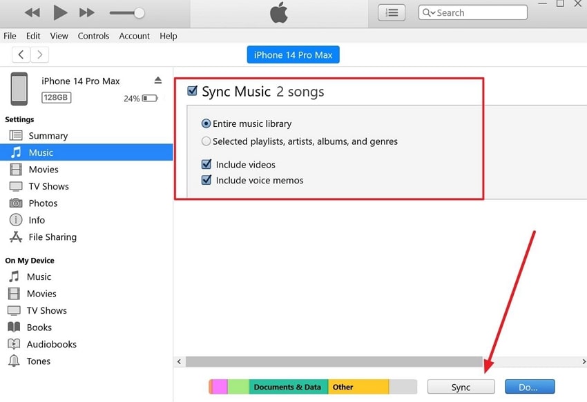 sync music library using itunes 