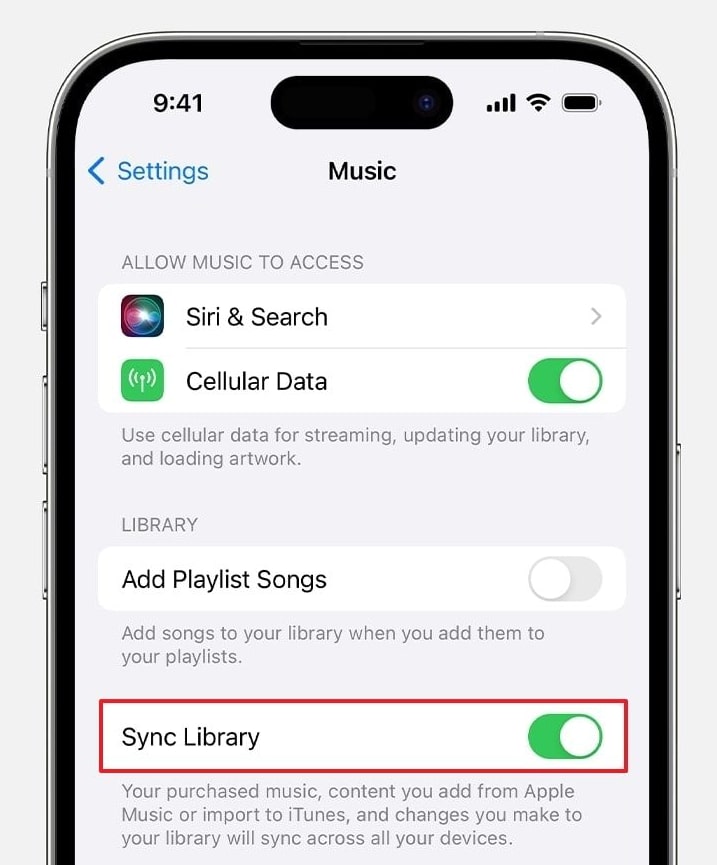 toggle sync library from music settings 