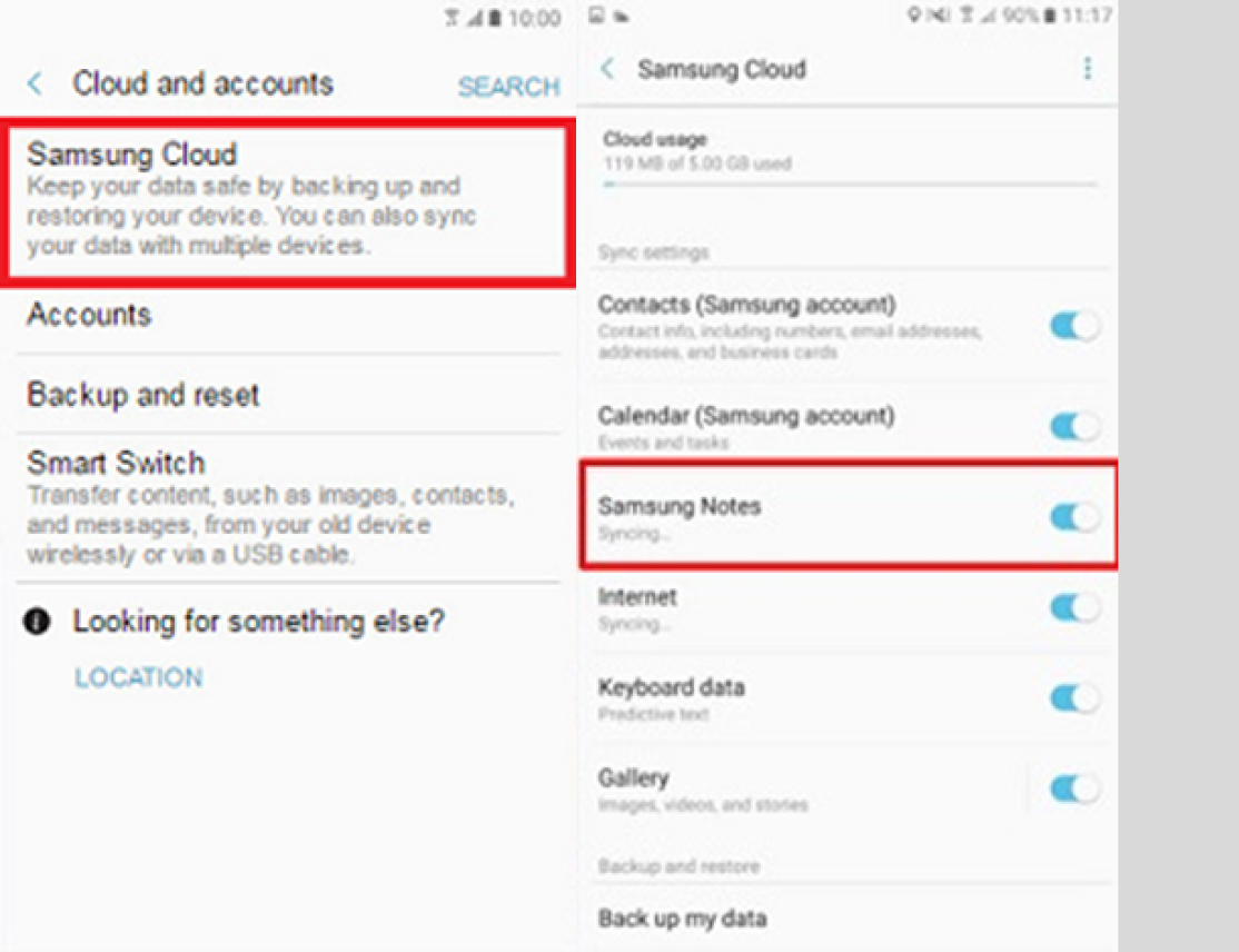 tap samsung cloud then toggle samsung notes to on