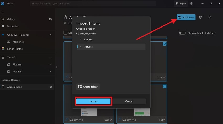 use import button on pc