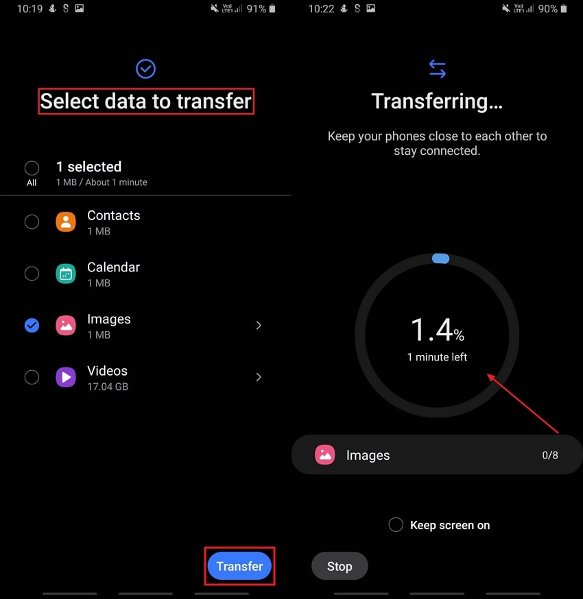 select data to transfer 