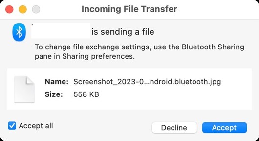 accept Bluetooth transfer on mac to receive ipad photos