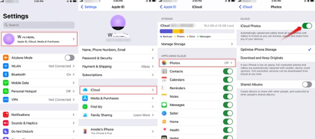 enable the icloud photos option in settings to transfer photos to the other iphone