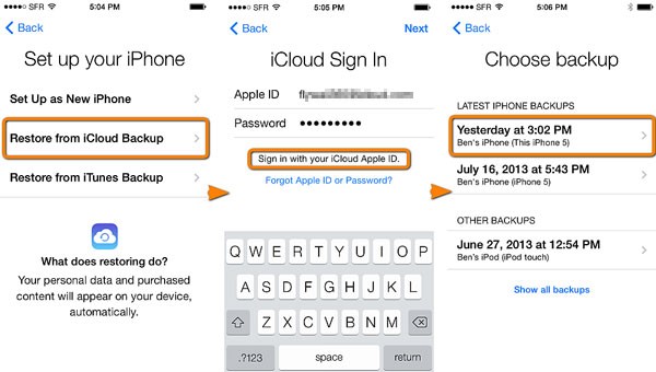 restore photos from icloud backup to the receiving iphone