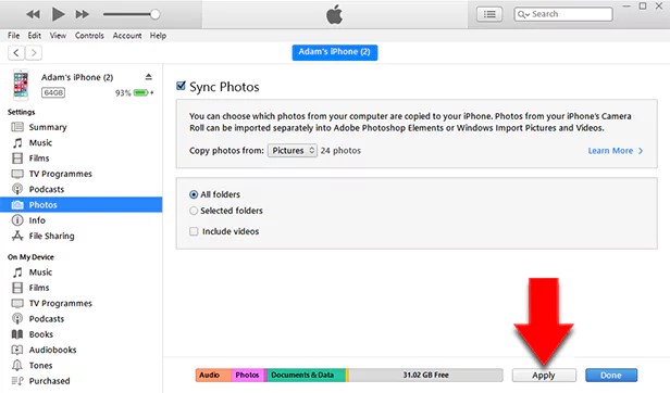 sync photos between iphones with itunes