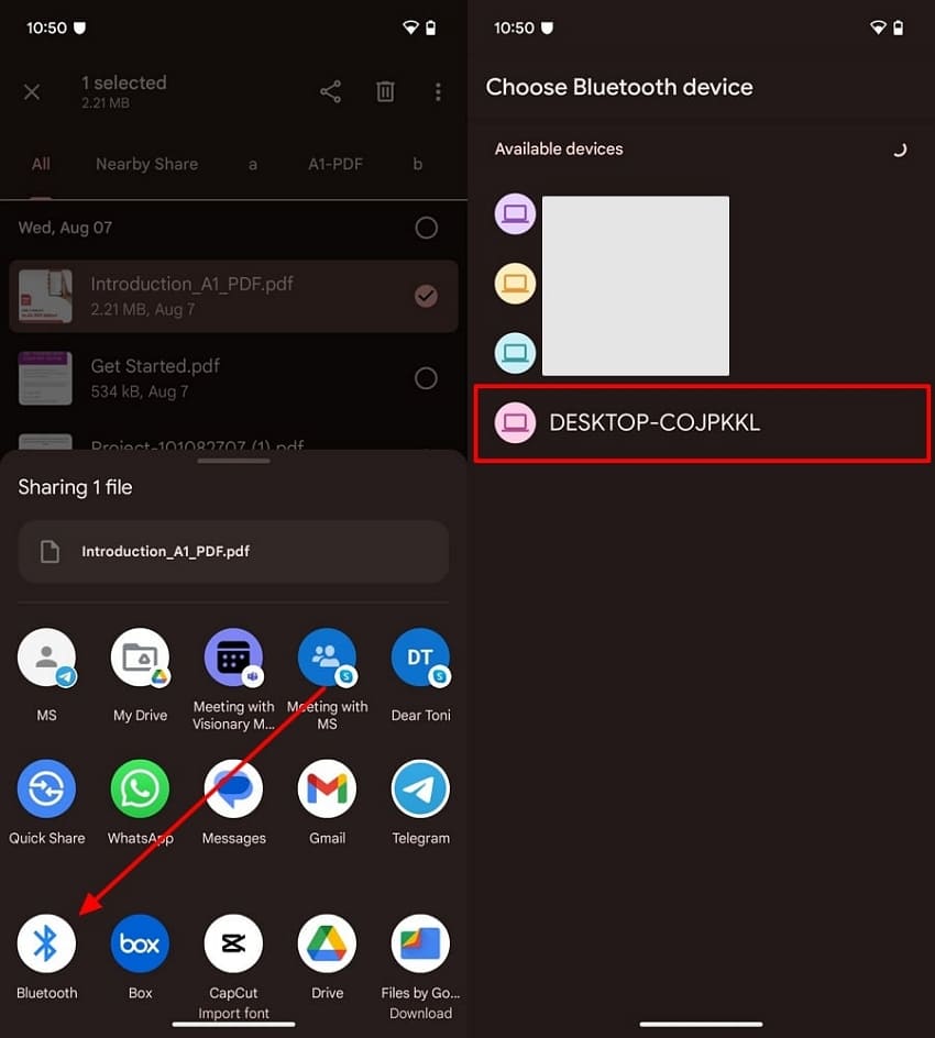 use share icon to reach bluetooth