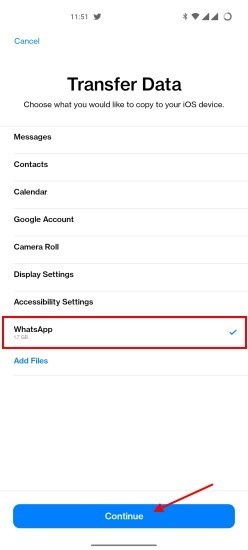 choose transfer type to move whatsapp from android to iphone without factory reset