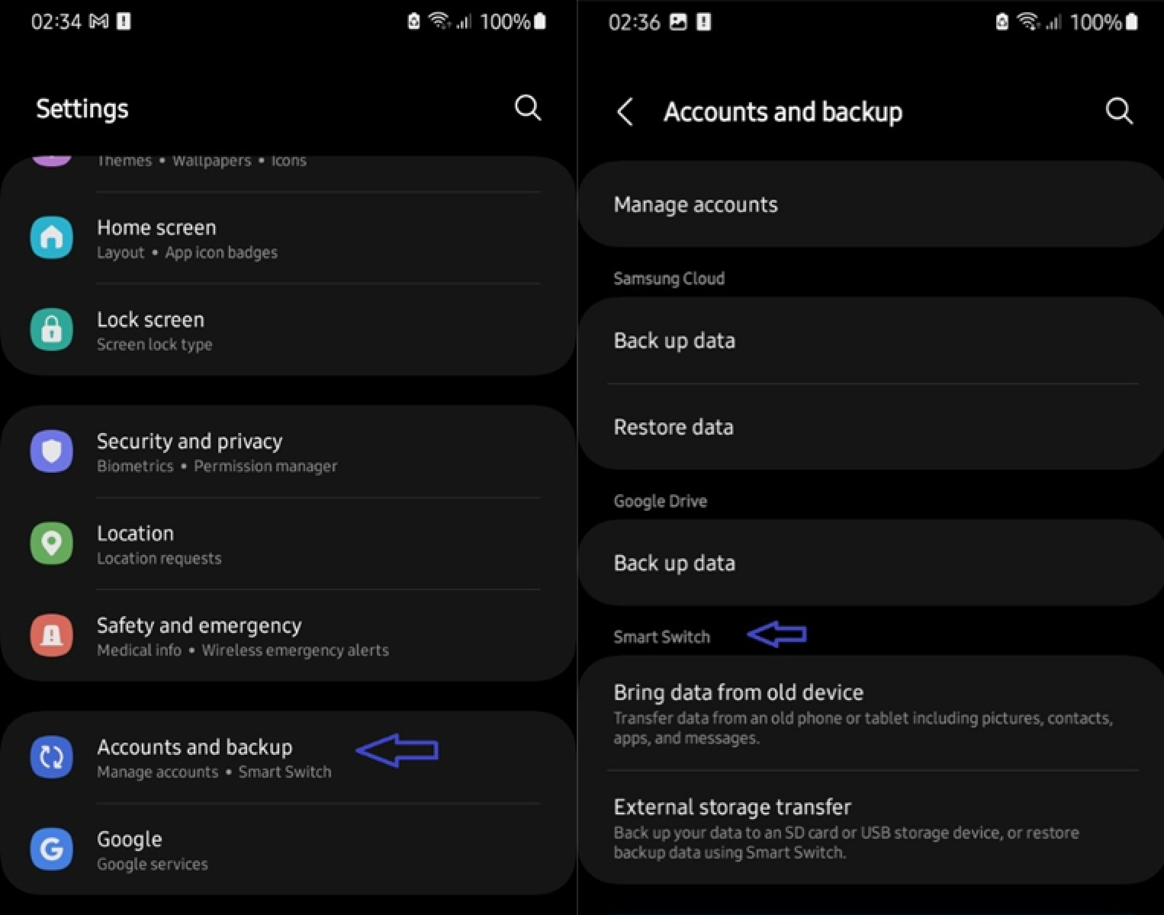how to find smart switch data transfer on samsung phone