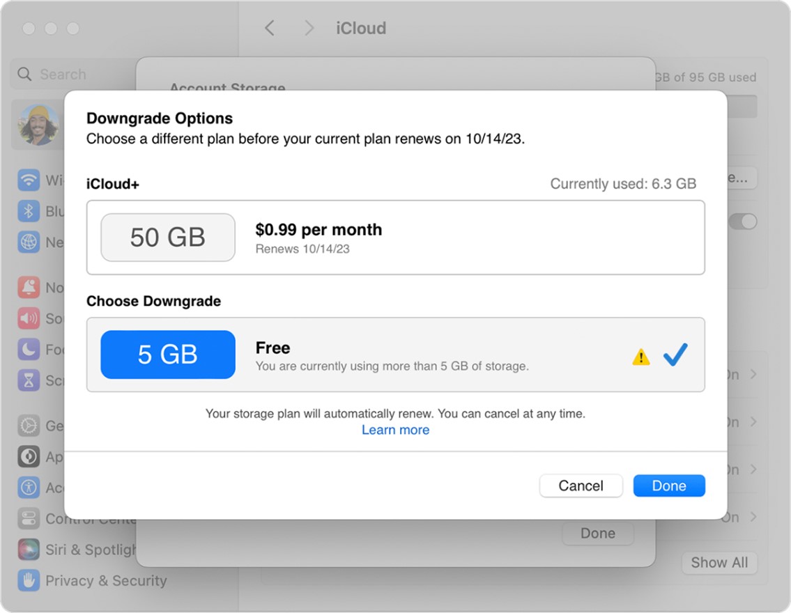 how to unsubscribe to icloud storage on macbook