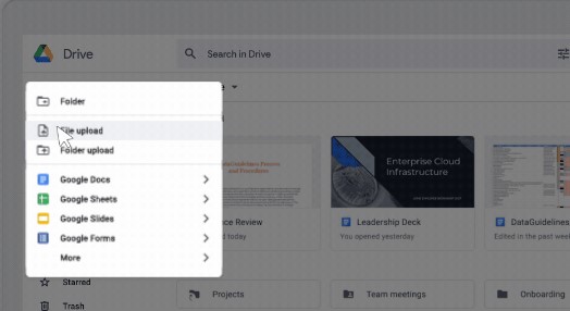 haz clic en nuevo y elige subir archivo o carpeta en google drive