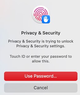 Digite sua senha ou use o Touch ID para abrir o Nearby Share no Mac