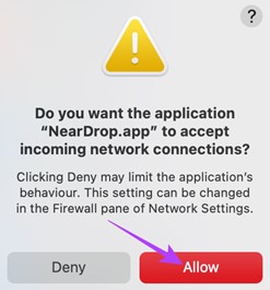 click on allow to open nearby share for mac, also neardrop