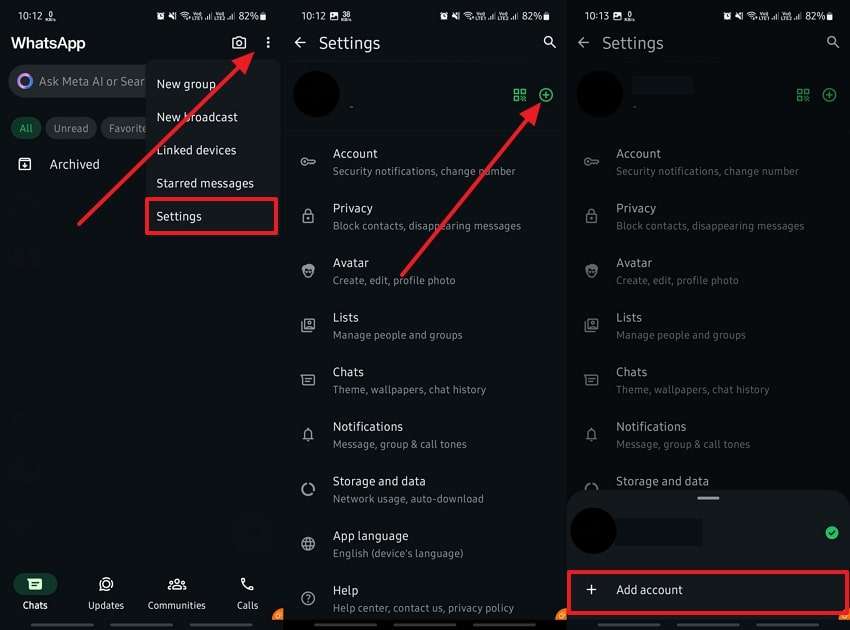 locate add accounts from whatsapp settings 