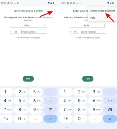 choose link to existing account to start using whatsapp on two phones