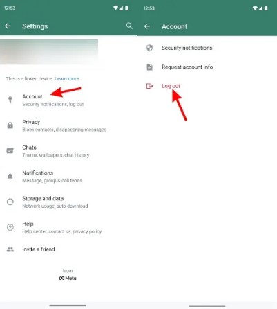 Tocca l'account e quindi il pulsante di disconnessione per accedere al telefono secondario da whatsapp