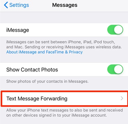turn on message forwarding in iphone settings