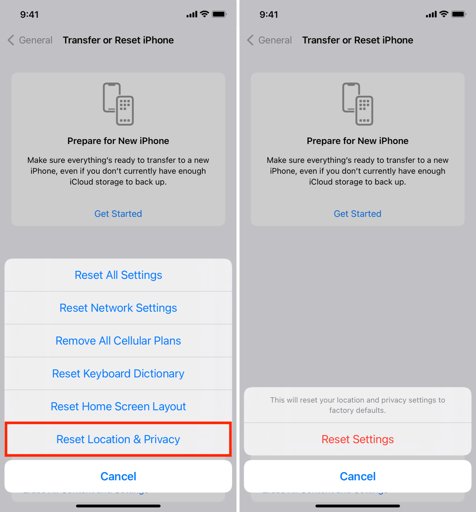 restablecer la configuración de ubicación y privacidad 