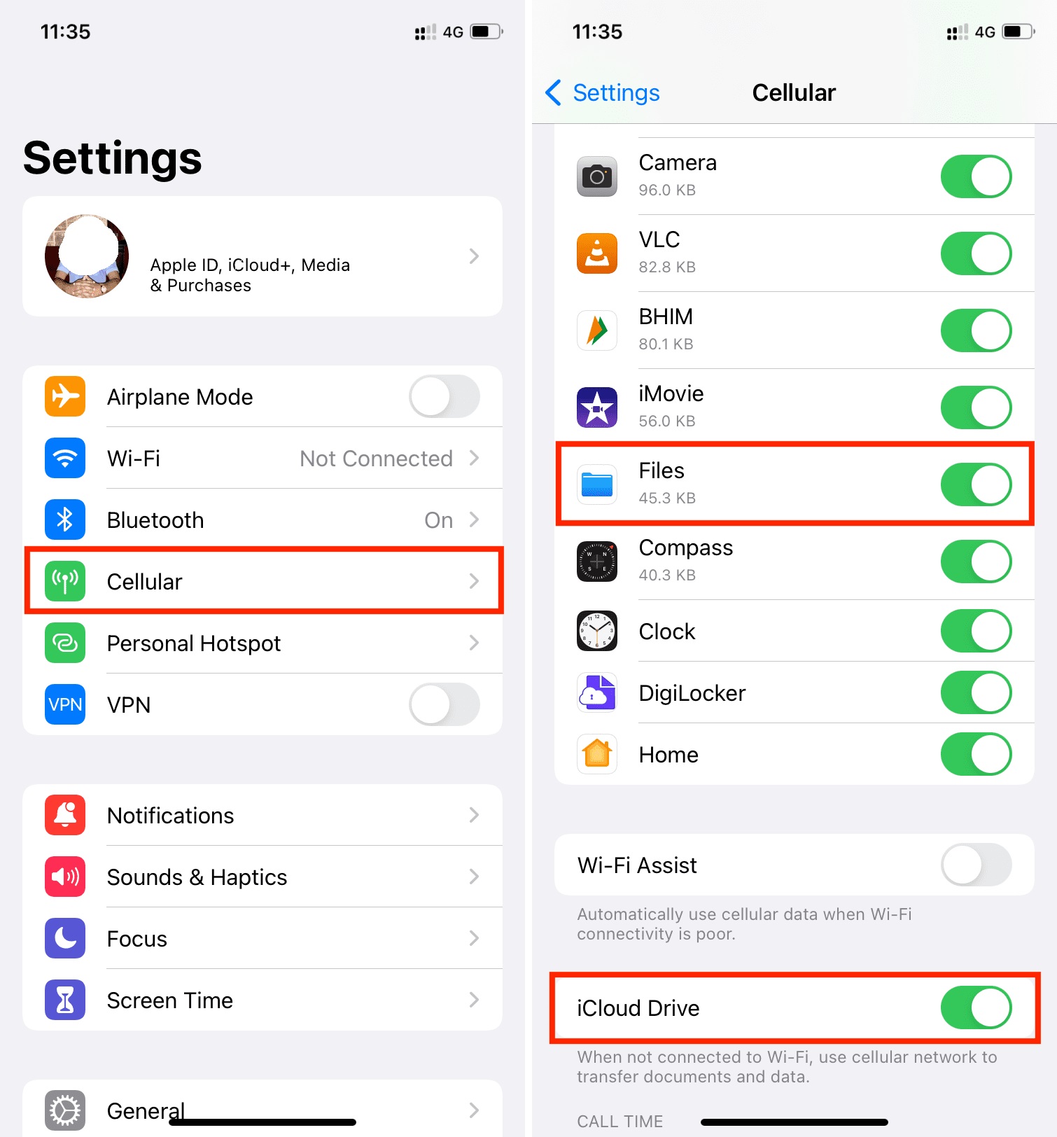 enable cellular data for files app