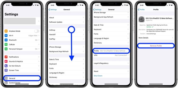 eliminar perfiles de configuración instalados para resolver el problema de icloud en gris