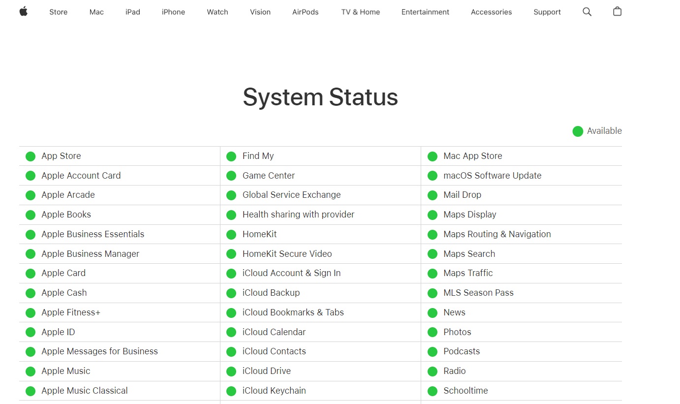 verifique o estado do sistema do servidor Apple