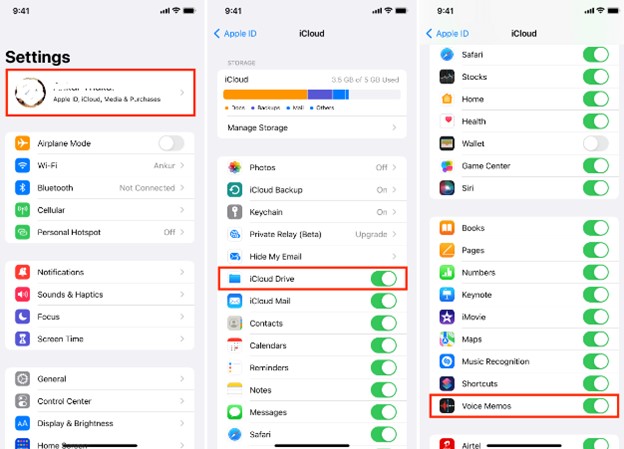 go to settings on your iphone and select icloud then turn on voice memos