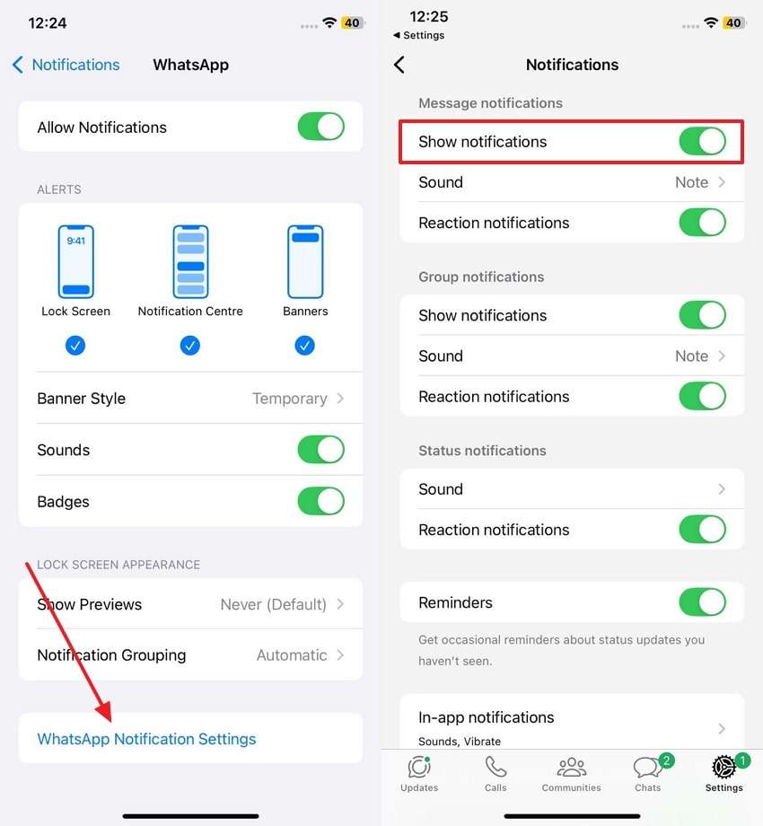 activate notifications from whatsapp