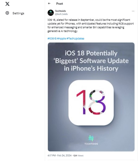 данные о выпуске ios 18, полученные от одного из разработчиков, опубликованы на x.