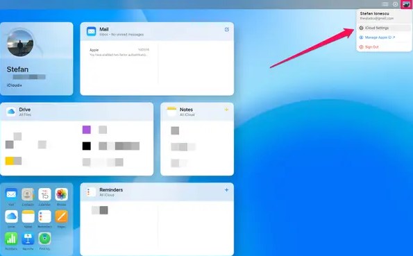 щелкните значок изображения профиля, затем нажмите настройки icloud 